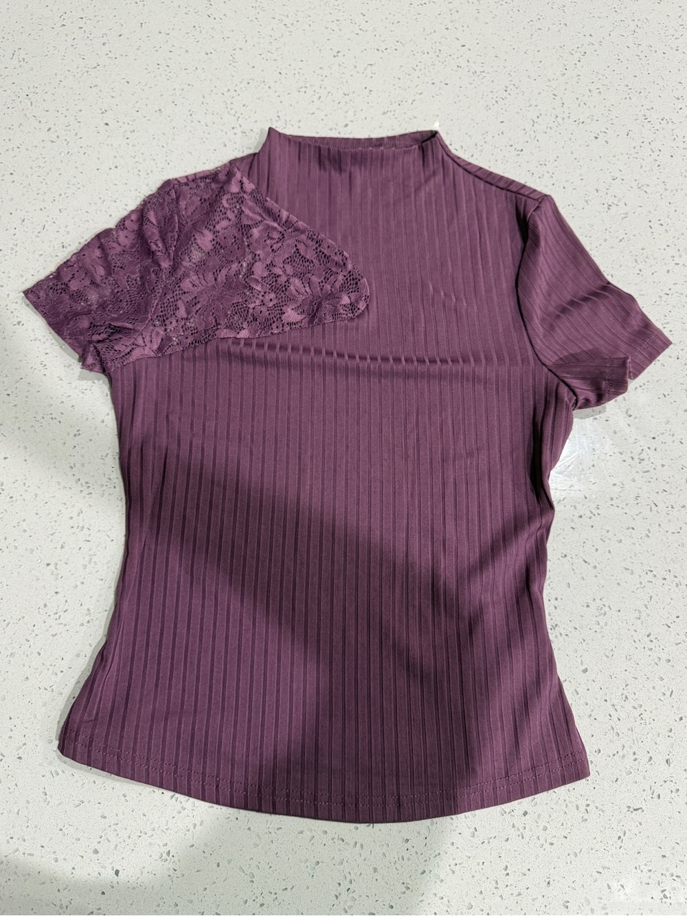 SHEIN Ribbed Short Sleeve Top with Lace Shoulder - Plum